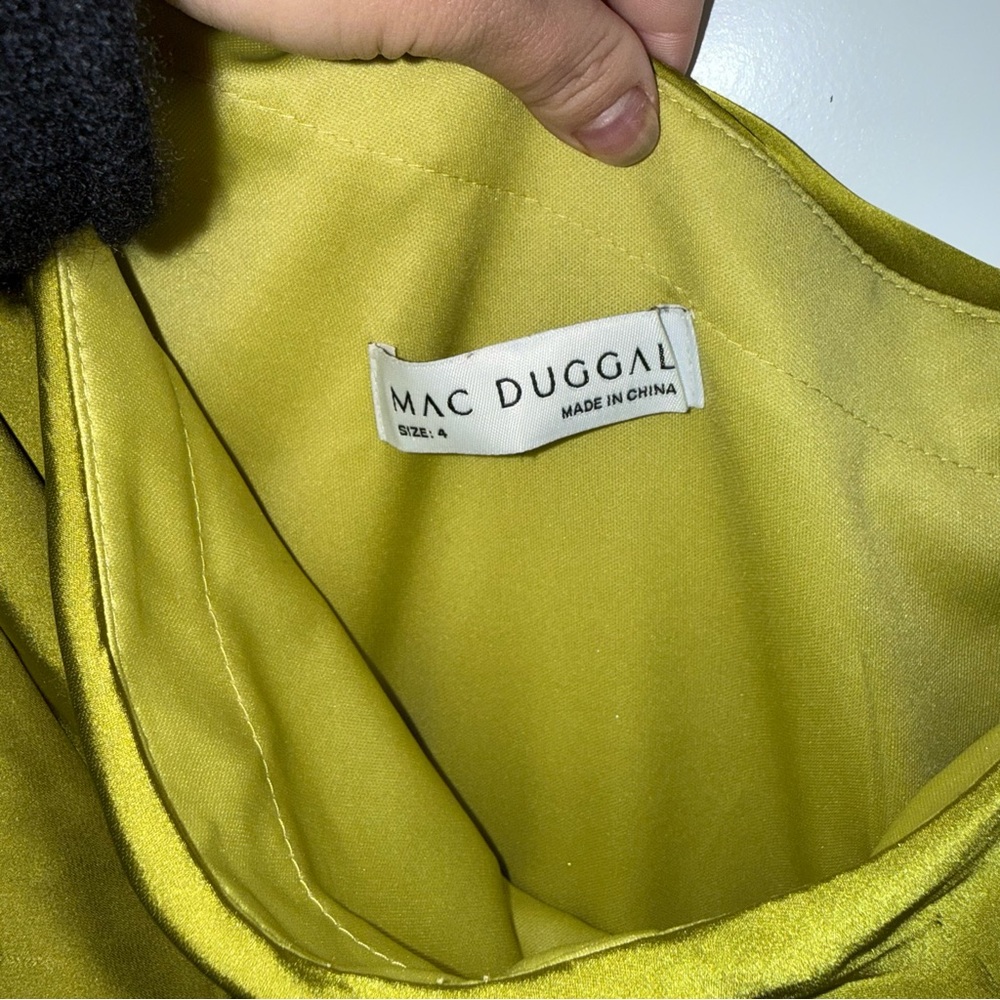 Ieena for Mac Duggal One Shoulder A-Line Long Sleeve High Chartreuse Satin Dress - Picture 13 of 15